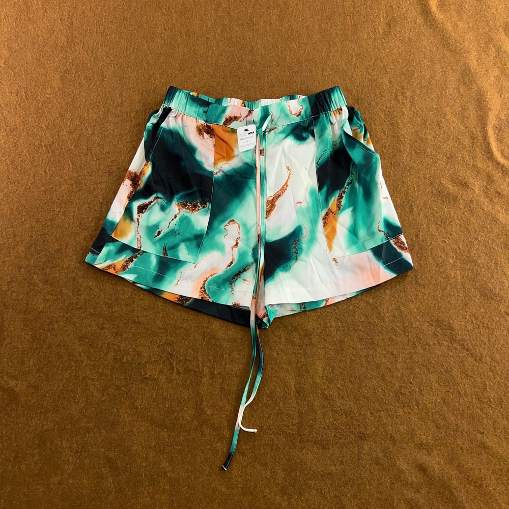 Fashion Nova Womens Medium Green Marble Abstract Print Drawstring Shorts NWT